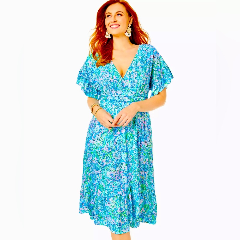 NWT | Lilly Pulitzer® Juliet Ruffle Midi Dress (M) Surf Blue Soleil